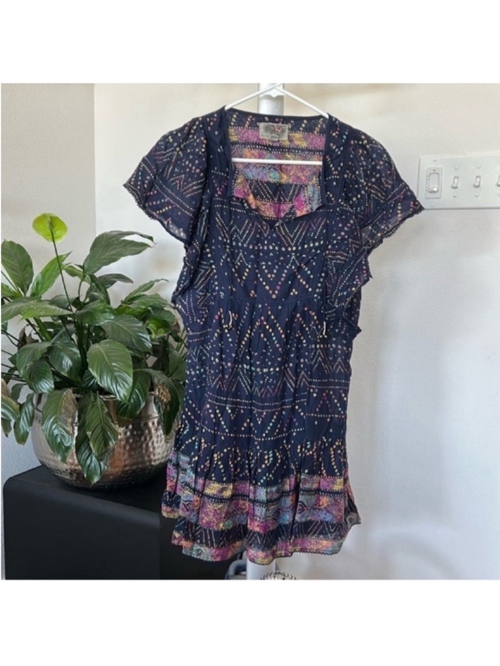 Urban Outfitters Ecote Boho Ruffled Mini Dress Sz XS Navy Blue V neck
